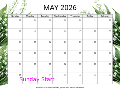 Free Printable Lily of the Valley May 2026 Calendar (Sunday Start)