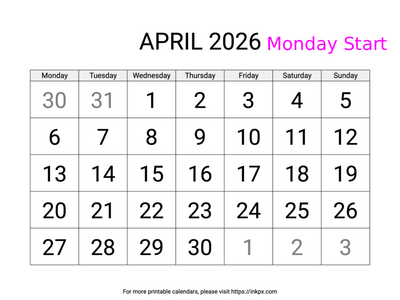 Free Printable Large April 2026 Calendar (Monday Start)