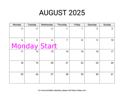 Free Printable Simple August 2025 Calendar (Monday Start)