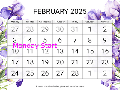 Free Printable Irises Large February 2025 Calendar (Monday Start)