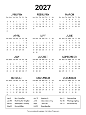 Free Printable Minimalist 2027 Yearly Calendar with US Holiday