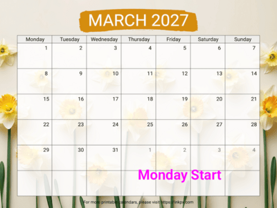 Free Printable Daffodil Background March 2027 Calendar (Monday Start)