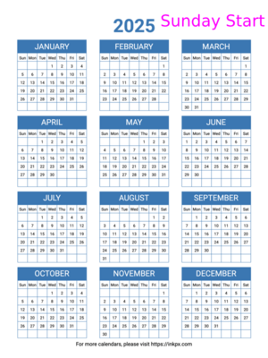 Free Printable Minimalist Blue Table 2025 Yearly Calendar (Sunday Start)