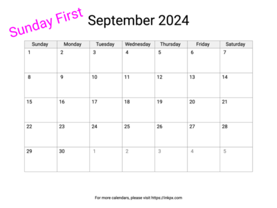 Printable Blank September 2024 Calendar (Sunday First)