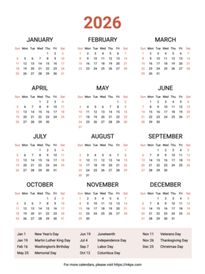Free Printable Weekend Highlighted 2026 Calendar with US Holiday