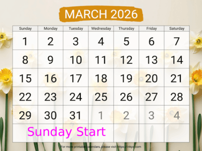 Free Printable Large Daffodil Background March 2026 Calendar (Sunday Start)