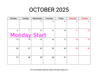 Free Printable Weekend Highlighted October 2025 Calendar (Monday Start)