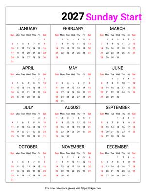 Free Printable Weekend Highlight Table 2027 Calendar (Sunday First)