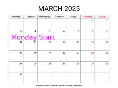 Free Printable Weekend Highlighted March 2025 Calendar (Monday Start)