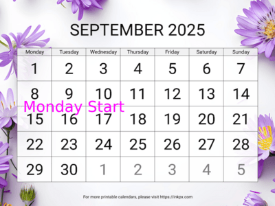 Free Printable Large Aster Background September 2025 Calendar (Monday Start)