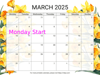 Free Printable Daffodil March 2025 Calendar (Monday Start)