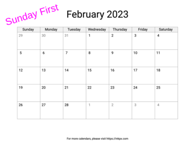 Blank Printable February 2023 Calendar (Sunday First)