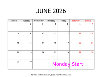 Free Printable Weekend Highlighted June 2026 Calendar (Monday Start)