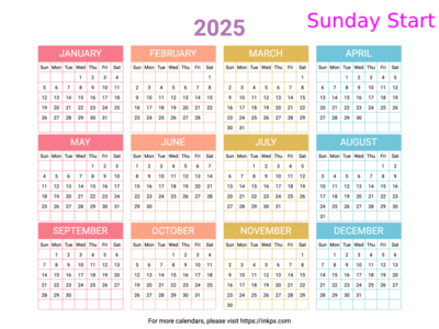 Free Printable Minimalist Colorful Table 2025 Calendar(Landscape, Sunday Start)