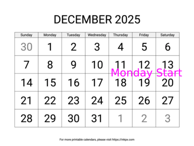 Free Printable Large December 2025 Calendar (Sunday Start)