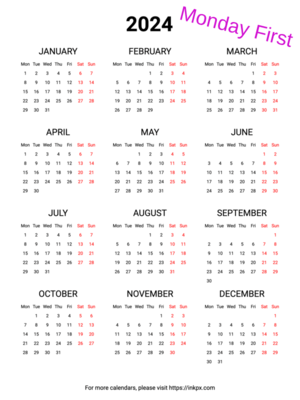 Printable Weekend Highlight 2024 Calendar (Monday First)