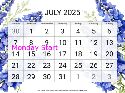 Free Printable Large Delphinium July 2025 Calendar (Monday Start)