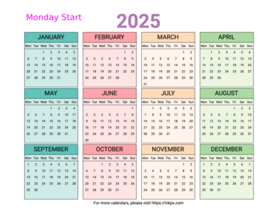 Free Printable Colorful Table 2025 Yearly Calendar (Landscape, Monday Start)