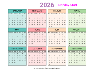 Free Printable Colorful Table 2026 Yearly Calendar (Landscape, Monday Start)