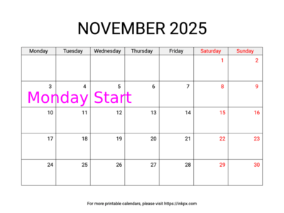 Free Printable Weekend Highlighted November 2025 Calendar (Monday Start)