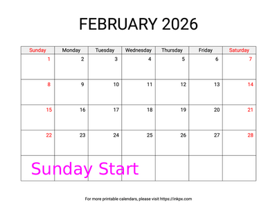 Free Printable Weekend Highlighted February 2026 Calendar (Sunday Start)