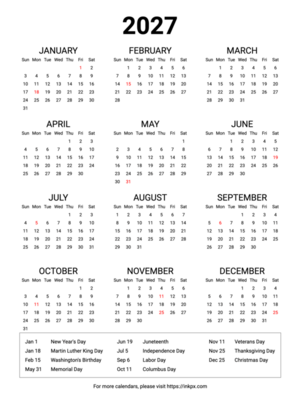 Free Printable Minimalist 2027 Yearly Calendar with Highlighted US Holiday