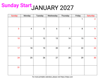 Free Printable Weekend Highlighted January 2027 Calendar (Sunday Start)