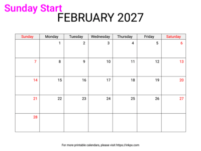 Free Printable Weekend Highlighted February 2027 Calendar (Sunday Start)