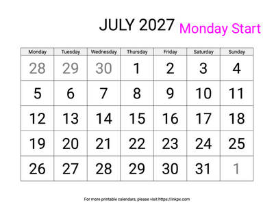 Free Printable Large Font July 2027 Calendar (Monday Start)