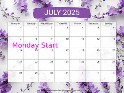 Free Printable Larkspur July 2025 Calendar (Monday Start)