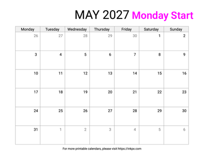 Free Printable Simple May 2027 Calendar (Monday Start)