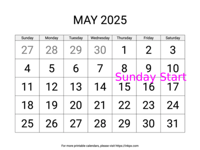 Free Printable Large May 2025 Calendar (Sunday Start)