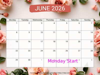 Free Printable Rose Background June 2026 Calendar (Monday Start)