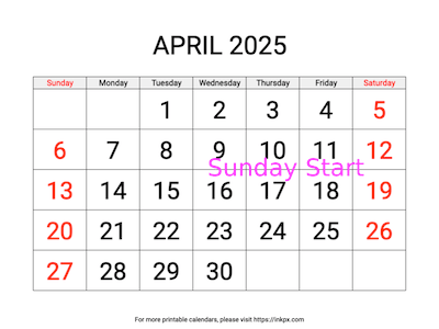 Free Printable Large Weekend Highlighted April 2025 Calendar (Sunday Start)