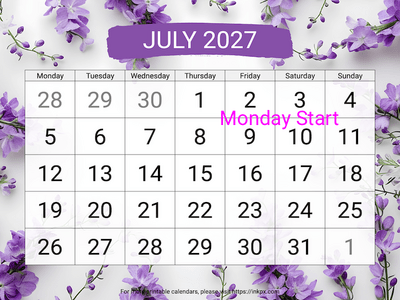 Free Printable Large Font Larkspur July 2027 Calendar (Monday Start)