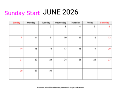 Free Printable Weekend Highlighted June 2026 Calendar (Sunday Start)