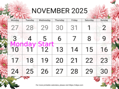 Free Printable Large Chrysanthemum November 2025 Calendar (Monday Start)