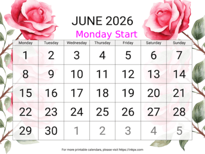 Free Printable Large Rose June 2026 Calendar (Monday Start)