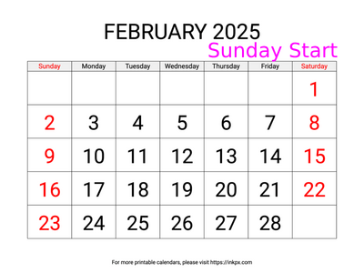 Free Printable Large Weekend Highlighted February 2025 Calendar (Sunday Start)