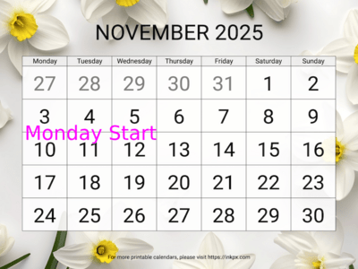 Free Printable Large Narcissus November 2025 Calendar (Monday Start)