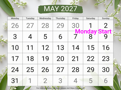 Free Printable Large Lily of the Valley May 2027 Calendar (Monday Start)