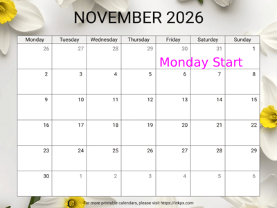 Free Printable Narcissus November 2026 Calendar (Monday Start)