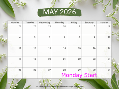 Free Printable Lily of the Valley Background May 2026 Calendar (Monday Start)