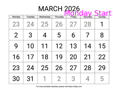 Free Printable Large March 2026 Calendar (Monday Start)