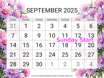 Free Printable Large Aster September 2025 Calendar (Sunday Start)