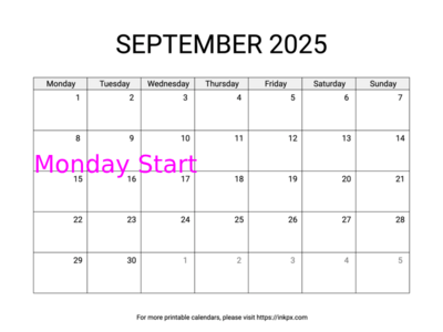 Free Printable Simple September 2025 Calendar (Monday Start)