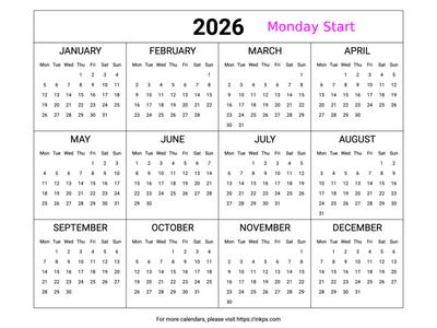 Free Printable Minimalist Table 2026 Yearly Calendar (Landscape, Monday Start)