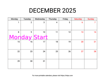 Free Printable Weekend Highlighted December 2025 Calendar (Monday Start)