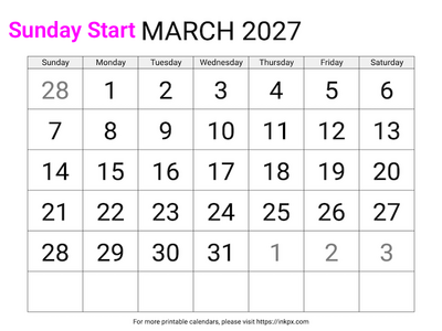 Free Printable Large March 2027 Calendar (Sunday Start)