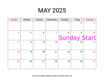 Free Printable Weekend Highlighted May 2025 Calendar (Sunday Start)